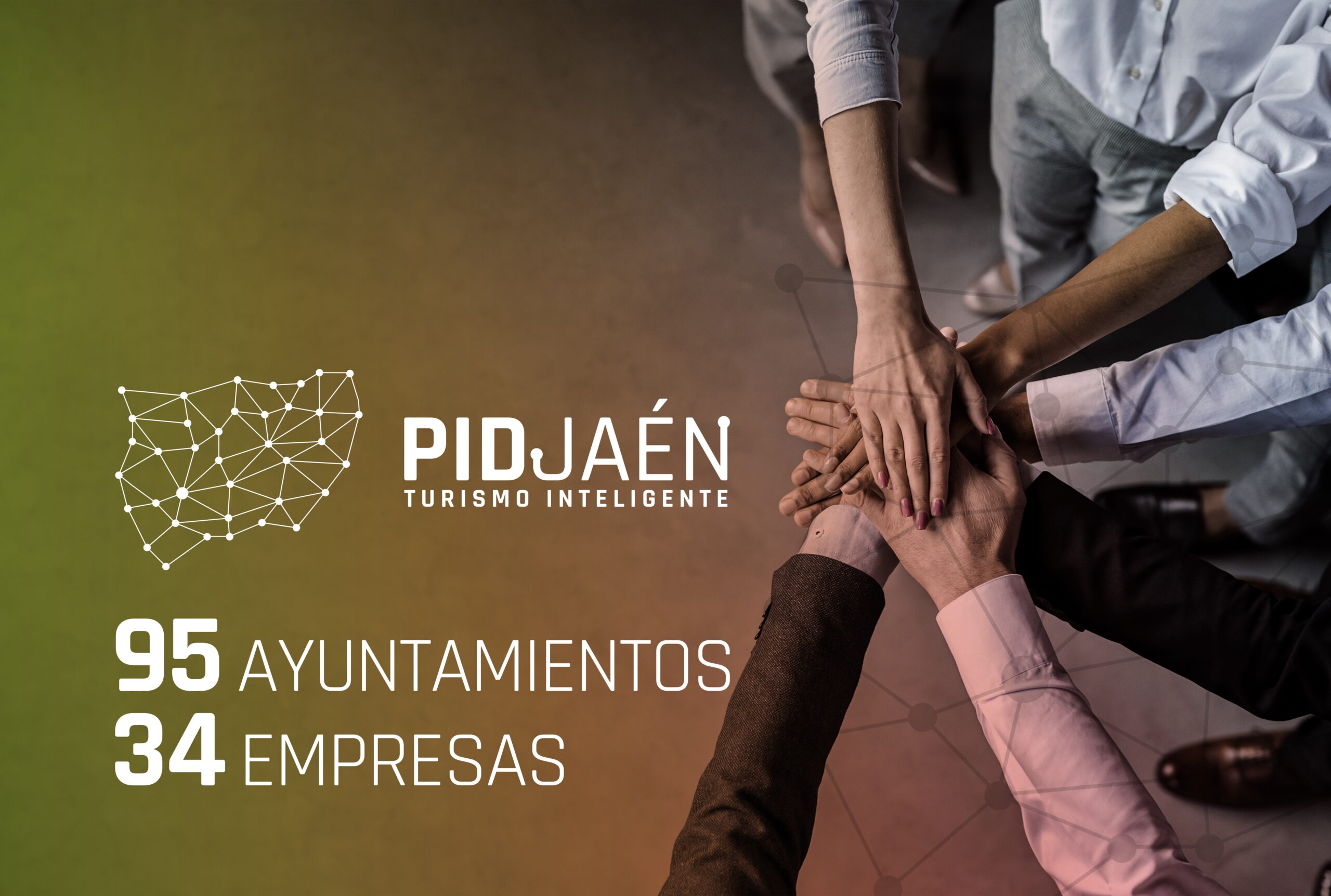 Mapa de la provincia de Jaén del proyecto PID Jaén Turismo Inteligente, mostrando la red de 95 ayuntamientos y 34 empresas participantes conectados.