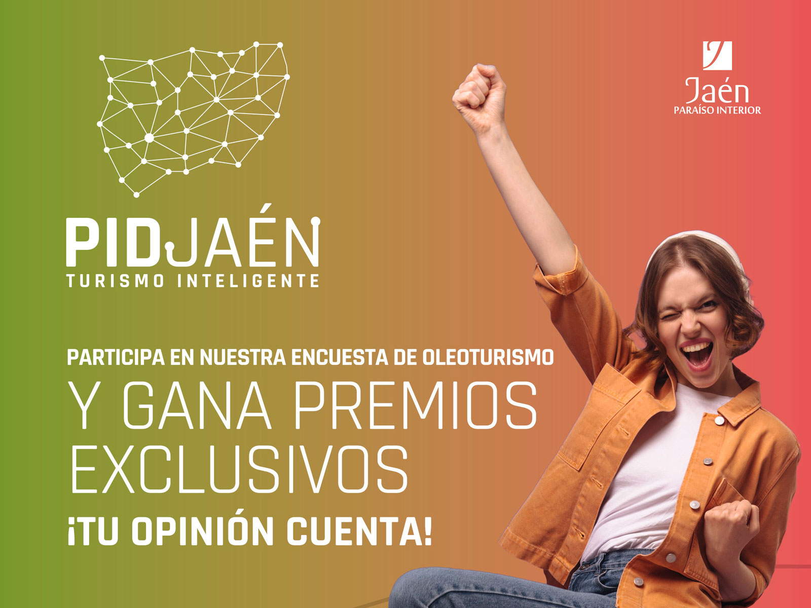 Cartel promocional de PID Jaén con el texto "Gana premios exclusivos, tu opinión cuenta", en tonos ocres y naranja