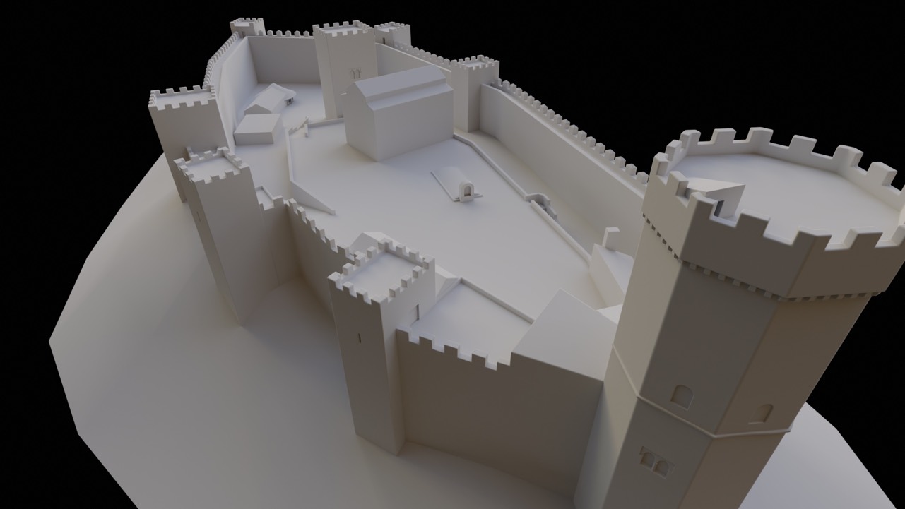 Maqueta tridimensional en blanco de un edificio de patrimonio histórico, representando la digitalización 3D del patrimonio para el turismo